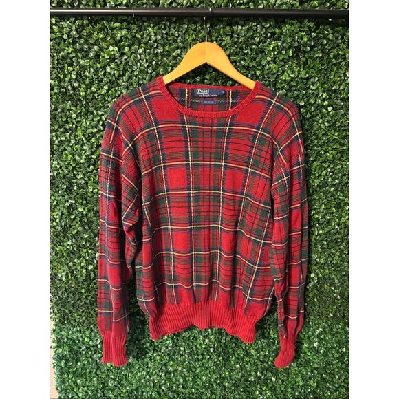 Polo Ralph Lauren Red Tartan Plaid Cotton Crewneck Sweater Womens Large Sport Be - Picture 1 of 3